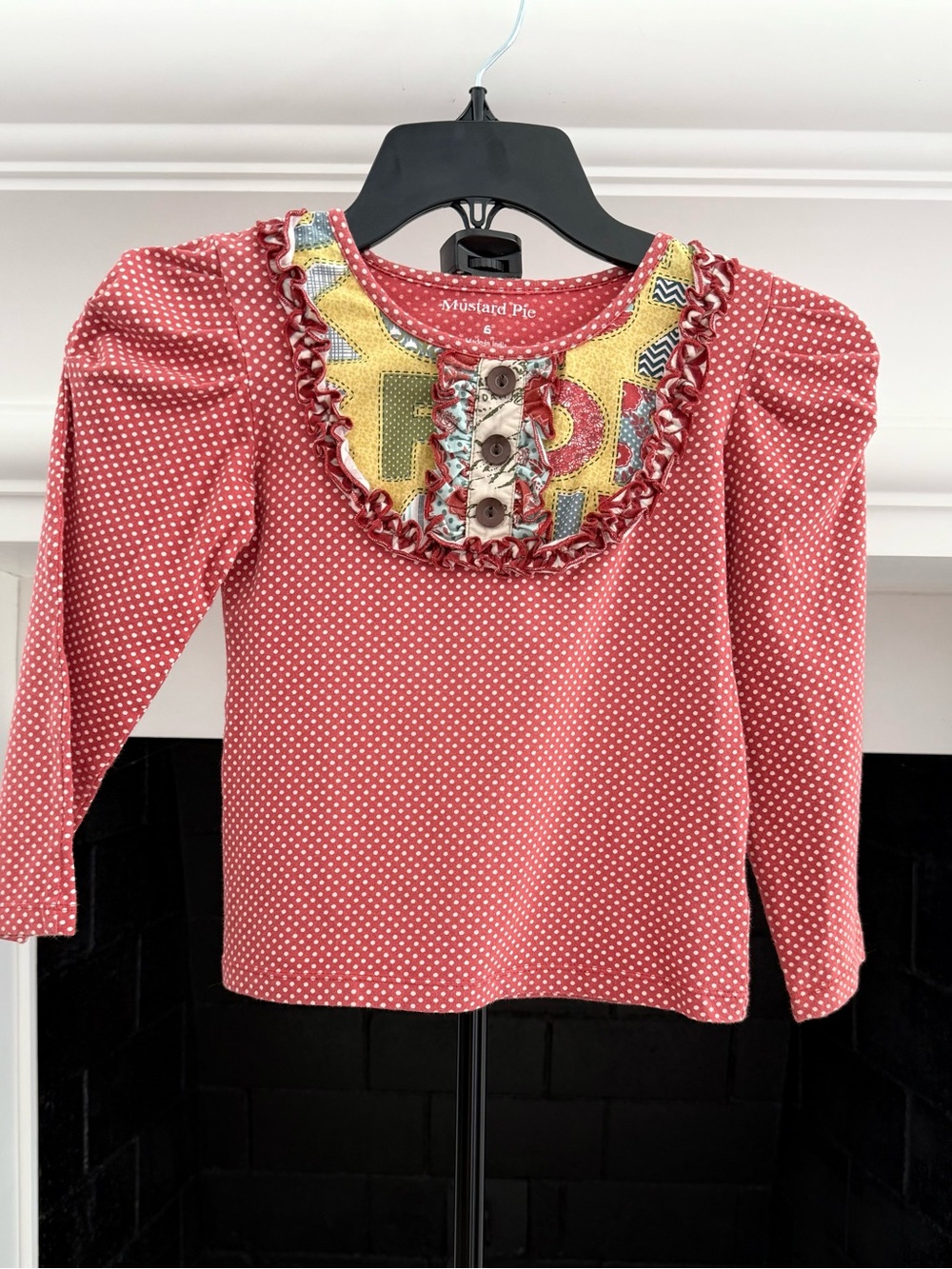 Mustard Pie Coral Polka Dot Long Sleeve Top with Yellow Patch Bib